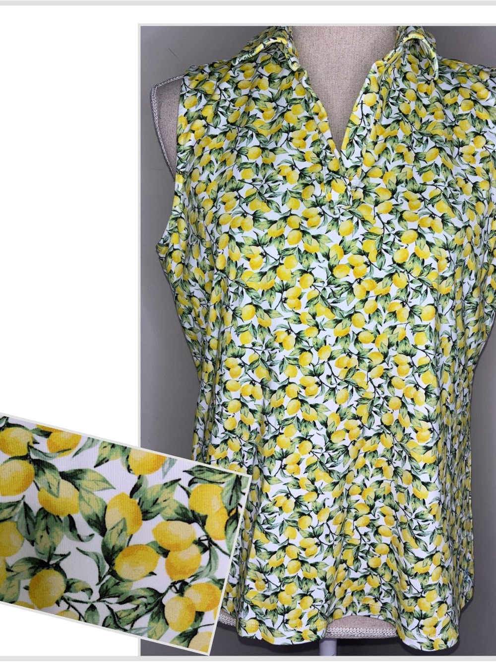 J McLaughlin lemon print sleeveless V neck collared stretch jersey blouse Large